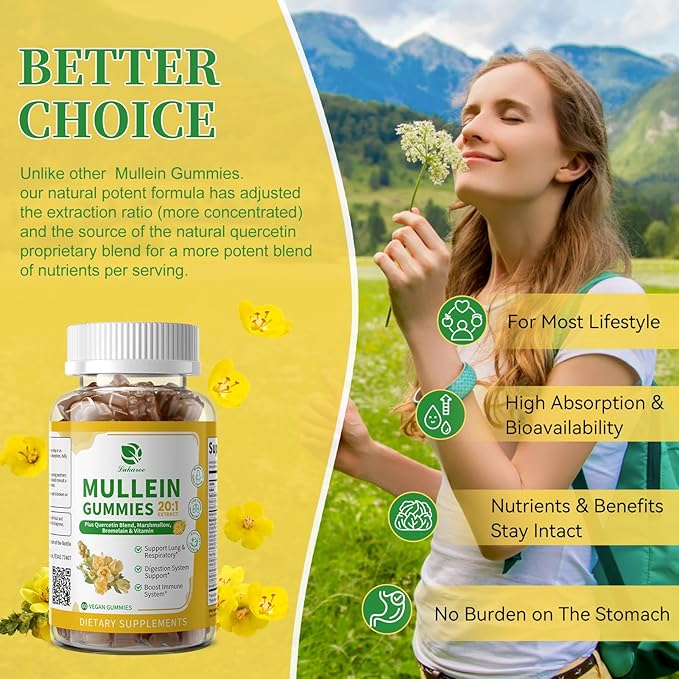 (2 Pack) 9 in 1 Mullein Gummies for Lung Cleanse & Lymphatic Drainage*, Extra Strength Mullein Leaf Extract w/Quercetin, Bromelain, Elderberry & Marshmallow for Respiratory & Immunity,Vegan,120 Count