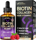Liquid Biotin & Collagen 60,000 mcg - Vitamins for Hair Growth Support - Extra Strength Drops for Women & Men - Liquid Collagen Supplement - Strong Nails & Healthy Skin - Made in USA - 2 Fl Oz