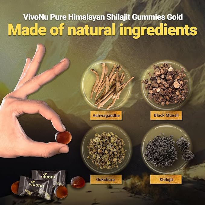 VivoNu Himalayan* Shilajit* Gummies with Ashwagandha* & Gokshura | 85+ Trace Minerals & Fulvic Acid | Organic, Micronutrient Supplement for Men & Women (3000mg / 1 Bag)