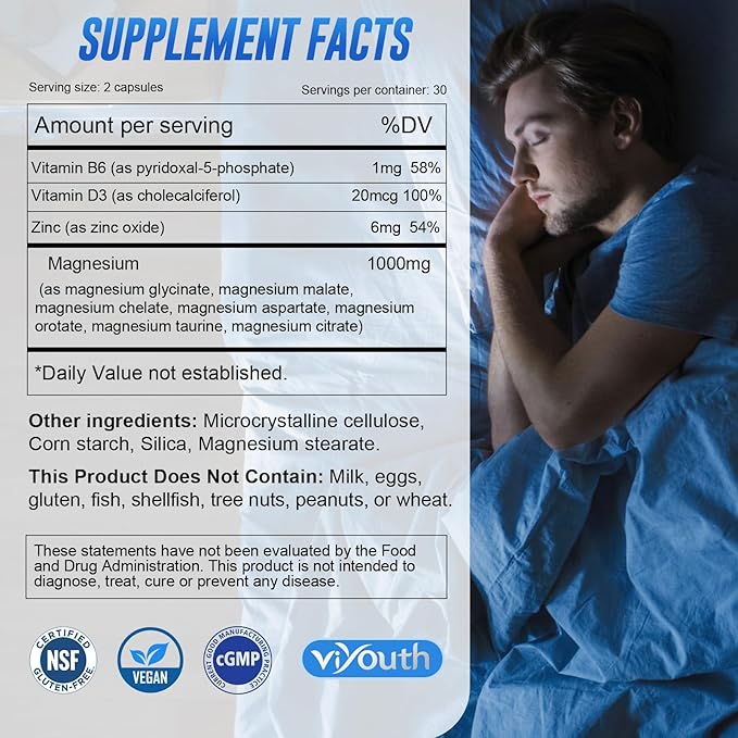 Magnesium 7 Complex Supplement Advanced with Glycinate Citrate Malate Chelate Taurate Orotate Aspartate, Capsules with Zinc, Vitamin D3 & B6 for Sleep, Muscle Relief, 60 Capsules