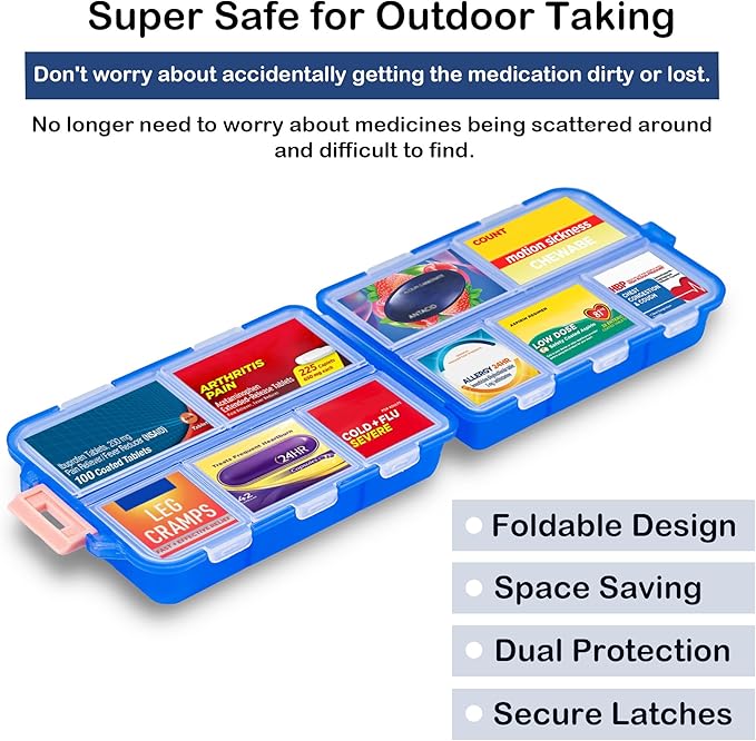 2026 New Extra Large Pill Box with Medicine Labels Travel Essentials Daily Med Container Mini Medication Organizer Storage Organizer Case 7 Day Pill Organizer(Blue)