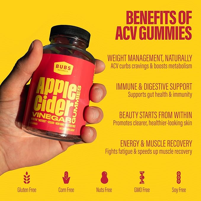 BUBS Naturals Apple Cider Vinegar Gummies with The Mother, All Natural Vegan ACV Gummy Vitamins, Supports Detox, Digestion & Energy Booster with B Vitamins, 60 Count