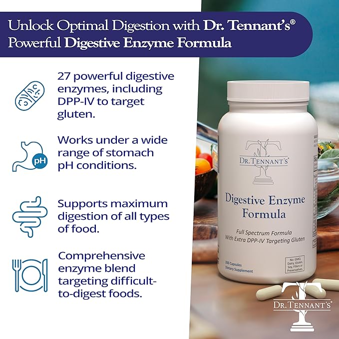 Dr. Tennant's Digestive Enzyme Supplement | 27 Enzymes with 2X DPP-IV | Supports Gut Health, Bloating Relief & Gluten and Dairy Digestion | 200 Capsules – 100 Day Supply