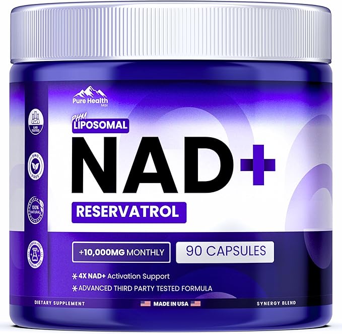 PURE HEALTH MAX PHM NAD Resveratrol Supplement - 10,000mg Extra Strength | NAD+ Liposomal Supplements for Men and Women | NMN & NMNH Alternative | 90 Capsules, 1.5 Months Supply