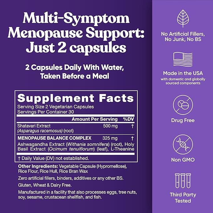 Premium Menopause Supplement for Women – Menopause Balance with Shatavari, Ashwagandha, L-Theanine & Holy Basil – Holistic Multi-Symptom Menopause Support & Hot Flash Relief – 60 Vegetarian Capsules