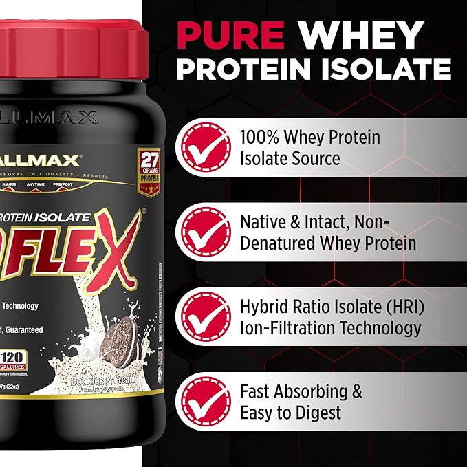 ALLMAX ISOFLEX Pure Whey Isolate Protein Powder - Gluten Free, Low Lactose, Sugar-Free - High-Protein, Clean, Keto-Friendly for Pre Post Workout Supplement for Women and Men | Cookies & Cream, 2lb