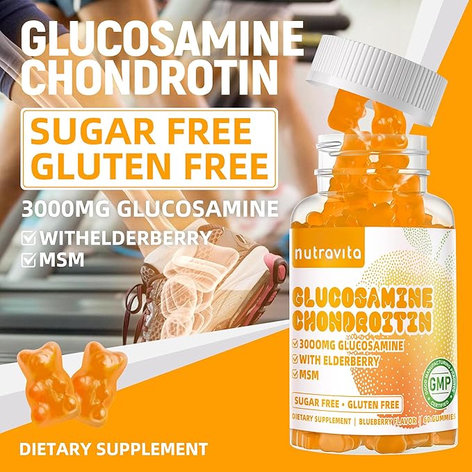 Nutravita Glucosamine Chondroitin Gummies with MSM & Elderberry Extra Strength - Joint Support, Antioxidant Immune Support Supplement for Adults, Men & Women.120 Orange Chews