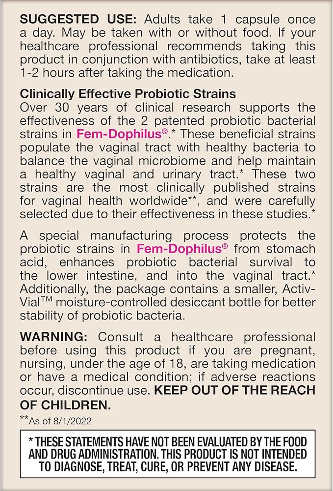 Jarrow Formulas Fem-Dophilus Vaginal Probiotics 1 Billion CFU with 2 Science-Backed Strains, Dietary Supplement for Vaginal & Urinary Tract Support, 30 Capsules, Up to a 30 Day Supply, Shelf-Stable