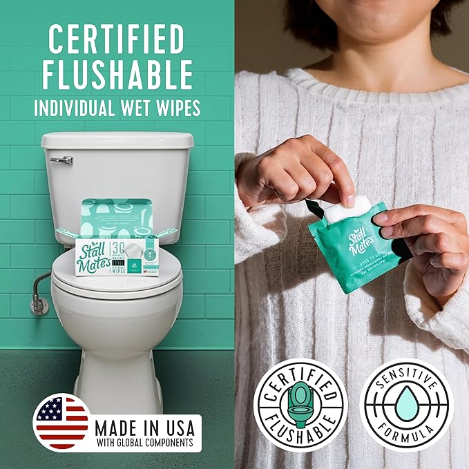 Stall Mates Wipes - Flushable Wipes, Individually Wrapped, Travel Friendly, Unscented with Cucumber, Vitamin-E & Aloe, (30 on-the-go singles)