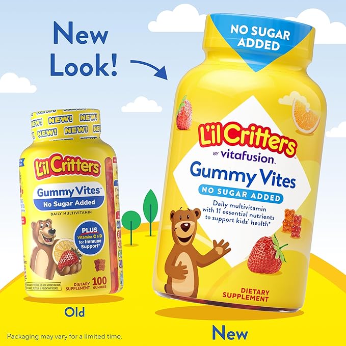 L’il Critters Gummy Vites No Sugar Added Daily Gummy Multivitamin for Ages 2+ Toddlers & Kids, Vitamin C, D3 for Immune, Strawberry and Orange Flavors, 100 Gummies