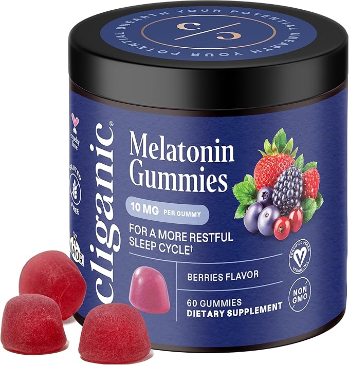 Cliganic Melatonin Gummies (10 mg, 60-Day Supply) - Adult Sleep Aid, Berry Flavor, Vegan, Non-GMO, Kosher, Gluten-Free Supplement, Helps Regulate Circadian Rhythm & Promotes Peaceful Nights