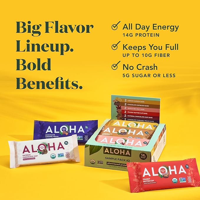ALOHA Organic Plant Based Protein Bars - Sampler Pack #2-12 Bars, Vegan, Low Sugar, Gluten-Free, Paleo, Low Carb, Non-GMO, No Stevia, No Erythritol