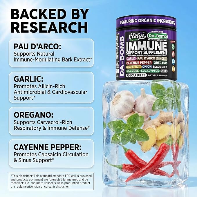 Organic Immune Support with PAU D'Arco Garlic Cayenne Pepper Oregano Ginger Grapefruit Onion Black Seed Sea Moss Black Pepper Zinc Eucalyptus Vitamin C Vitamin D Organic Soursop By Clean Nutra
