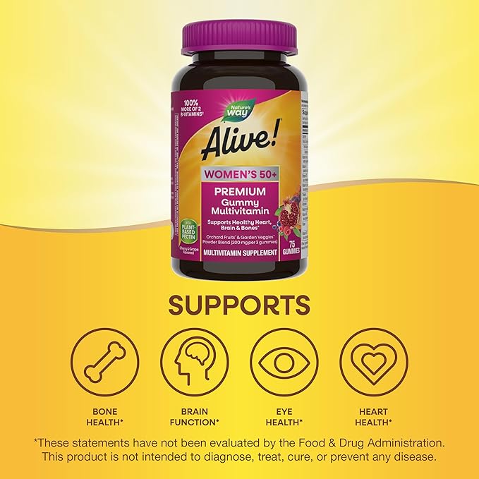 Nature's Way Alive! Women's 50+ Premium Gummy Multivitamin Supplement, Supports Heart, Brain & Bones*,B-Vitamins,Vegetarian,Grape&Cherry Flavored Gummy Vitamins,75 Gummies Packaging Vary,(Pack of 2)