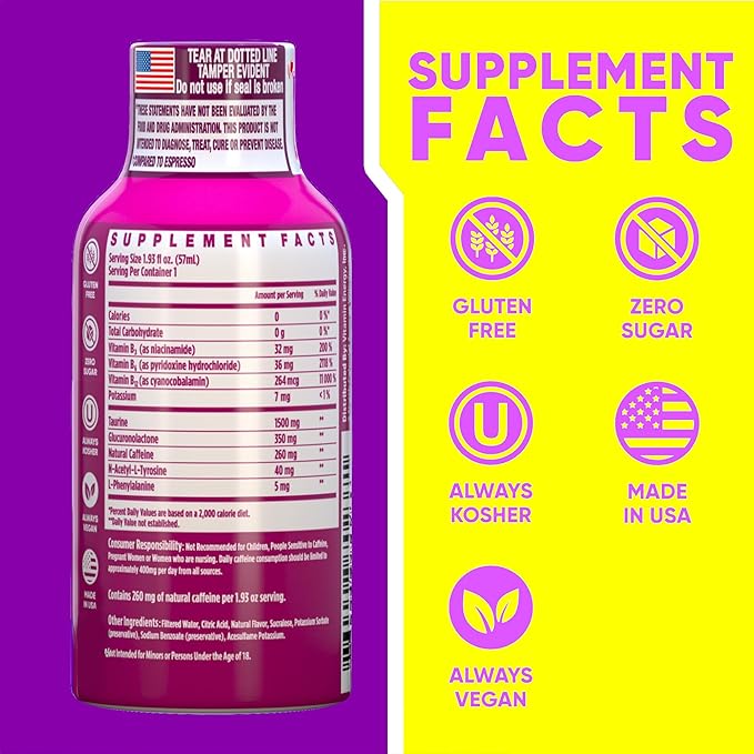 Vitamin Energy B12 11,000% Extra Strength Energy Shot Pink Berry 10 Pack, 260mg Natural Caffeine, B12 & B6, Nootropic Focus, Vitality, Zero Sugar, Gluten-Free, Vegan, Kosher, 1.93 fl oz