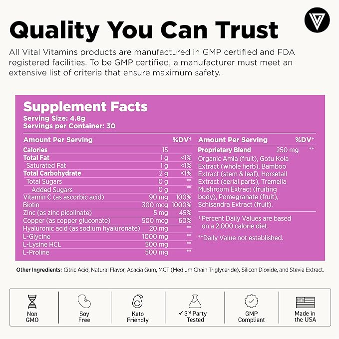 Vital Vitamins Vegan Collagen Booster Powder - Made with Amino Acids, Silica, Hyaluronic Acid, & Botanical Extracts - Plant-Based - Mango Raspberry Lemonade Flavor - Hair, Skin, Nails - 30 Servings