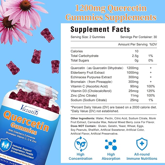 2 Pack Quercetin with Bromelain Gummies, Quercetin with Vitamin C Zinc & Elderberry for Immune System & Allergy, Chewable & Vegan Gummies, Mixed Berry Flavor 120 Cts