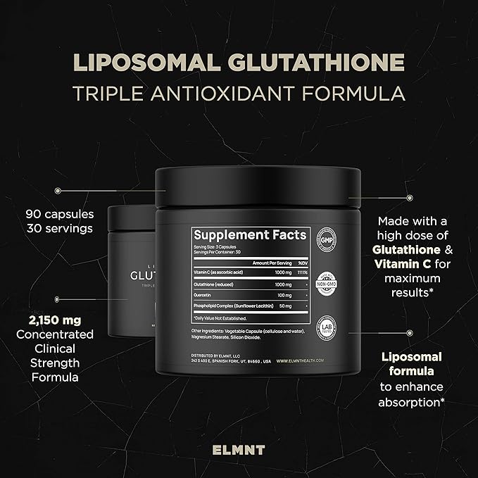 2150mg Super Liposomal Glutathione Supplement w. Vitamin C, Quercetin & Pure L Glutathione 2000mg Triple Action Formula Glutathione Liposomal Supplement w. Phospholipid Layer - 90 Pills, Non-GMO