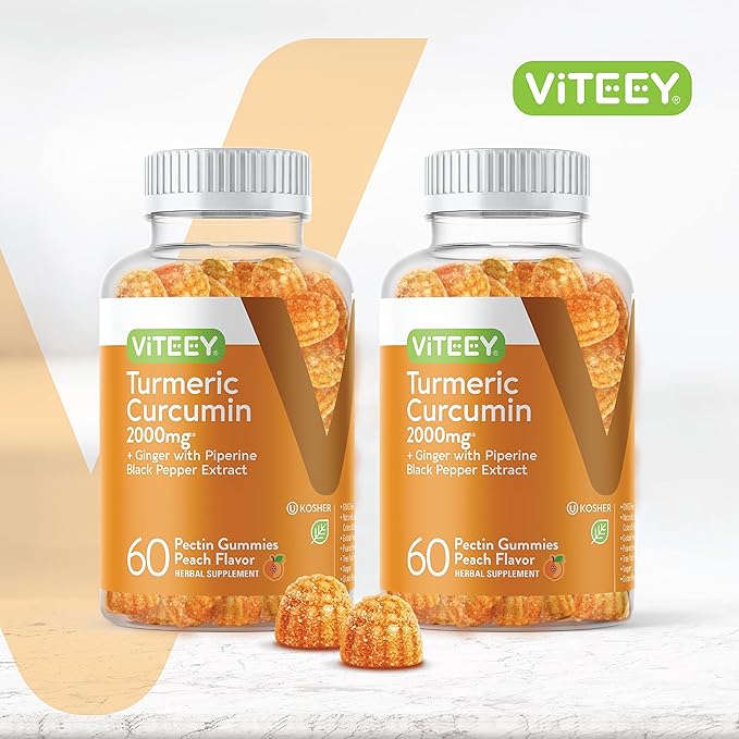 Viteey Turmeric Gummies with Turmeric Curcumin, Ginger & Black Pepper Extract - Immune Support, Healthy Skin, and Joint Health - Vegan, Gelatin Free, GMO Free - Tasty Chewable Peach Flavored-120 Count
