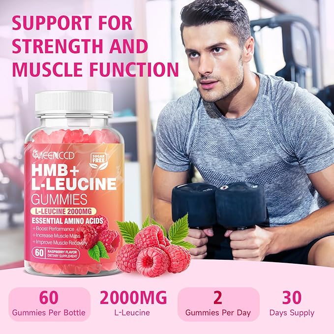 MEENCCD HMB and L-Leucine Gummies, HMB and Leucine Amino Acid for Muscle Growth, Muscle Maintenance, and Muscle Comfort, for Men & Women, Sugar-Free, Raspberry Flavor, 60 Count