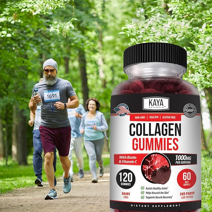 Kaya Naturals Collagen Gummy for Men & Women, 120 Count, 1000mg of Hydrolyzed Collagen, Vitamin C, Selenium & Biotin, Collagen/Strawberry Flavor (120 Gummies)
