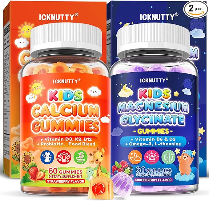 Kids Calcium Magnesium Supplement Gummies - Calcium Citrate 800mg with Magnesium Glycinate 200mg, L-Theanine, Vitamin D3 K2 & Omega-3 Multivitamin for Kids Day & Night Gummies - Vegan, Sugar Free