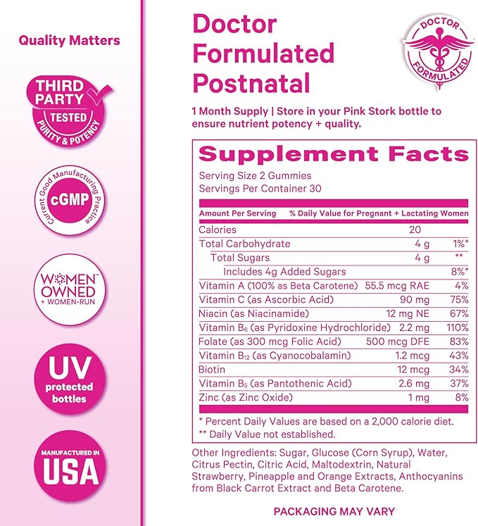 Pink Stork Total Postnatal Vitamin Gummies - Multivitamin for Postpartum Recovery and Lactation Support - Folic Acid, B6, & Vitamin C - Postpartum Essentials - 60 Gummy Vitamins