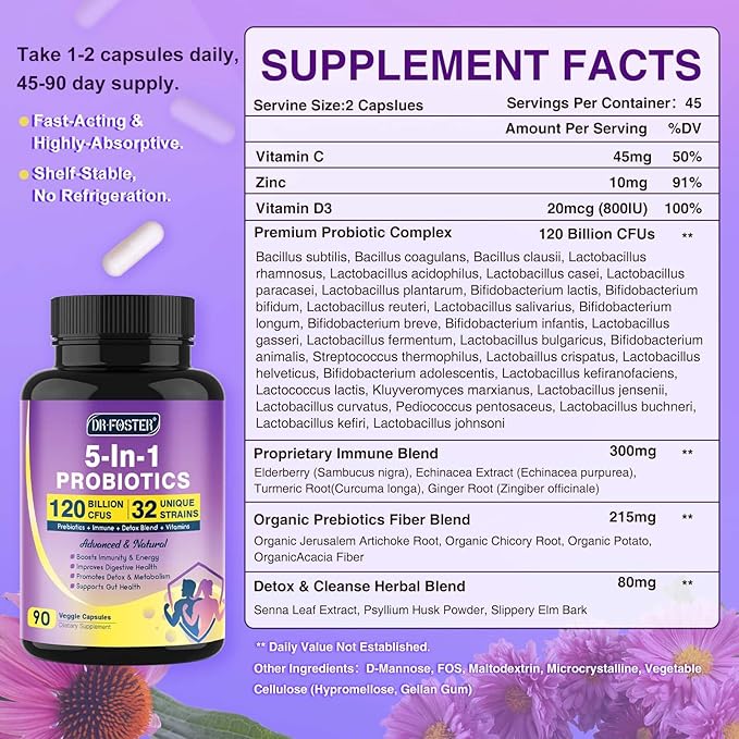 DRFOSTER Probiotics for Women & Men Digestive Health，120 Billion CFUs, Prebiotics and Probiotics for Gut Health, D3, Zinc & Immune Support Herbs, Detox Cleanse, 45 Day - 3 Month Supply