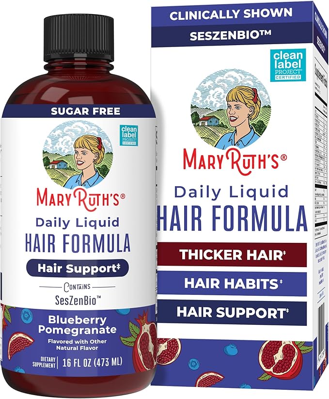 MARYRUTH'S Daily Liquid Hair Formula | With 500 mg SesZenBio™ + 2,500 mcg Biotin | Vitamin C | Thicker, Stronger Hair for Women | Hair, Skin, & Nail Health | Collagen Production | 16 Fl Oz
