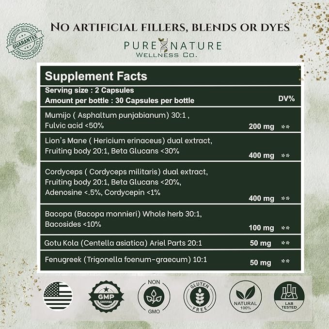 Focus + Energy + Performance Support-6-in-1 Mushroom Nootropic & Mitochondrial Complex-Advanced Brain Supplement-Natural Energy-Caffeine Free Biohack with Lion’s Mane,Cordyceps,Mumijo,Fenugreek