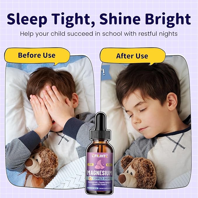 Kids Magnesium Liquid Drops-Magnesium Glycinate Liquid for Kids Supplement-w/L-theanine, Omega-3, Vitamin B6, D3 - for Sleep, Relaxation, Brain, Bones - Peach Flavor, 4 Fl Oz