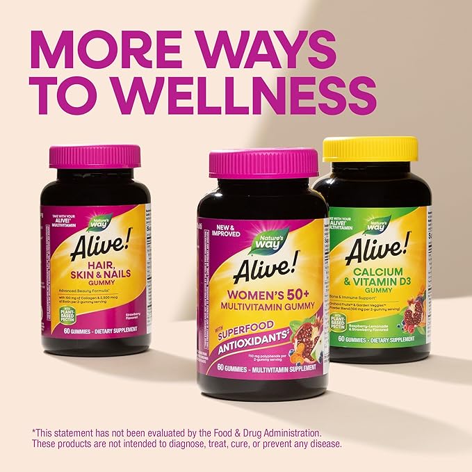 Nature’s Way Alive! Women’s 50 Plus Multivitamin Gummy, Daily Chewable Multivitamins with B-Vitamins, Vitamin D3, Calcium, Supports Heart, Brain & Bone Health,* Mixed Berry Flavored, 130 Count