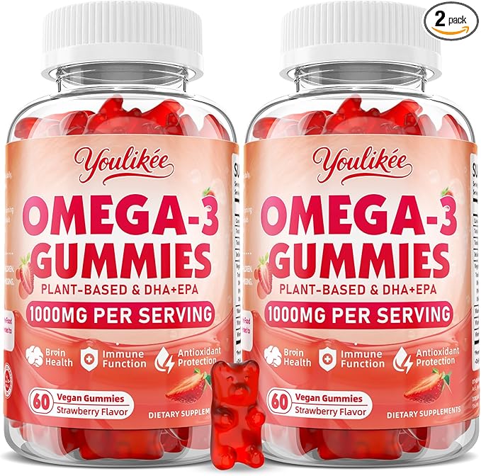 2 Pack Vegan Omega-3 Gummies 1000mg, Omega 3 Fish Oil Alternative for Adults, Plant Based DHA 460mg & EPA 230mg w/Vitamin A, C, E, Strawberry Flavor, 120 Count