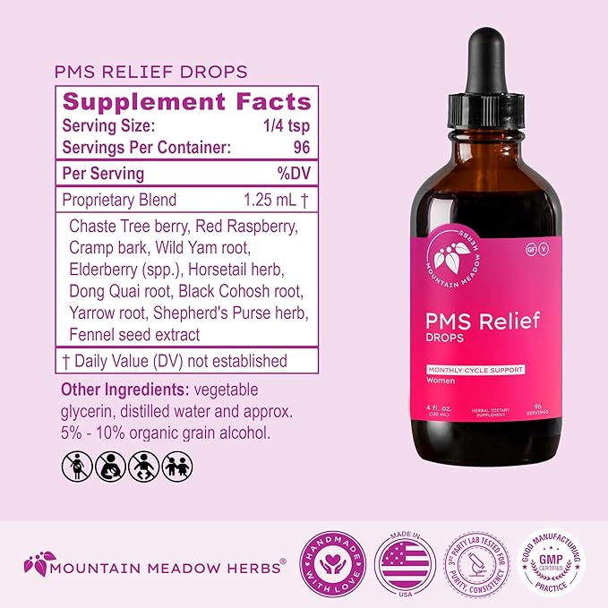 Mountain Meadow Herbs PMS Relief Drops | Liquid Herbal Supplement for Menstrual Period Discomfort | Hormonal Support for PMS Cramps, Mood Swings & Acne with Chaste Tree Berry (Vitex) & Wild Yam 4oz