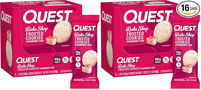 Quest Nutrition Frosted Cookies Twin Pack, Strawberry Cake, 1g Sugar, 10g Protein, 2g Net Carbs, Gluten Free, 16 Cookies, (Pack of 2)
