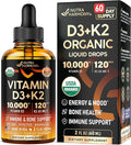 Vitamin D3 K2 USDA Organic Drops - Vitamin D3 10000 IU & K2 as MK-7 120mcg - Immune & Mood Support, Bone & Teeth Health - Sugar-Free Orange Flavor - Liquid Supplement - Made in USA - 2 FL OZ, 60 Days