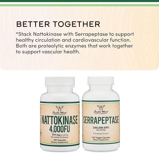 Nattokinase Supplement 4,000 FU Servings, 120 Capsules (Derived from Japanese Natto) Systemic Enzymes for Cardiovascular and Circulatory Support by Double Wood