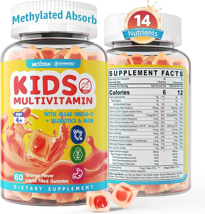 Kids Multivitamin Gummies with Iron, Sugar Free, Kids Daily Vitamins + Probiotics, Algae Omega 3 (EPA/DHA), A, C, D, Methyl B12, Folate, B6, Zinc, Biotin, for Healthy Growth, Immune Support, 60 Count