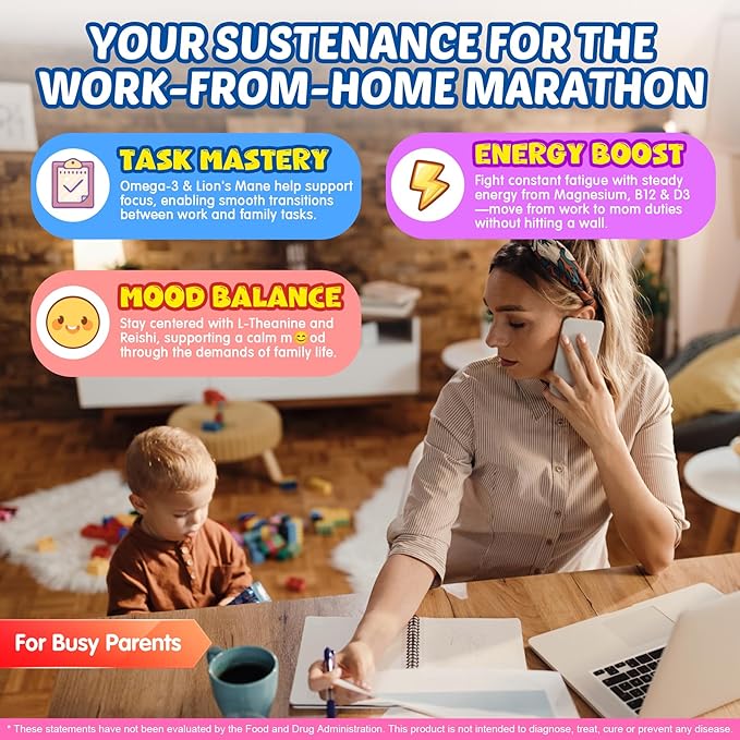Focus Gummies for Kids & Adults, w/Magnesium Glycinate, Omega-3 DHA, Lion's Mane, L-Theanine, Methyl B12 & Vitamin D3, Brain Supplement Support Calm, Sleep, Attention, Concentration and Memory, 120Cts