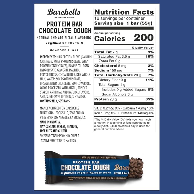 Barebells Protein Bars Chocolate Dough - 12 Count, 20g High Protein Treats - Chocolate Nutrition Bar with 1g Total Sugars - On-The-Go Breakfast or Post-Workout Snack
