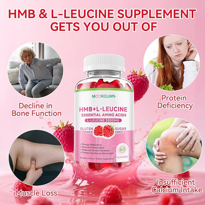 HMB & L-Leucine Gummies with Calcium, Amino Acid Supplement, L Leucine Supplements for Men & Women, Raspberry Flavor, 60 Count