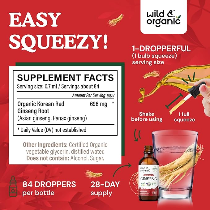 Wild & Organic Korean Red Ginseng Extract Drops - Immune Support - Panax Ginseng Supplement - Add to Tea Liquid Root Tincture - Vegan, Sugar & Alcohol-Free - 2 fl oz