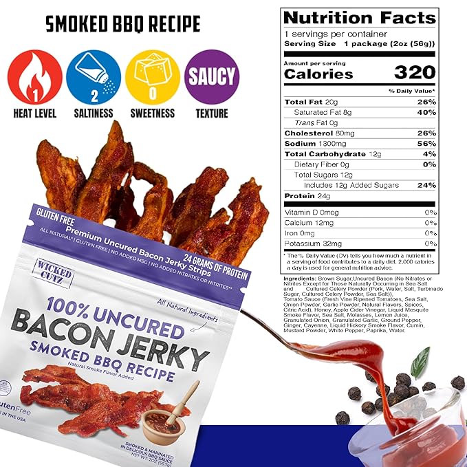Smoked BBQ Bacon Jerky, 24g Protein Per Bag, Tender & Easy to Chew Fully Cooked Bacon, USA Made High Protein Carnivore Snacks (2 Bags)