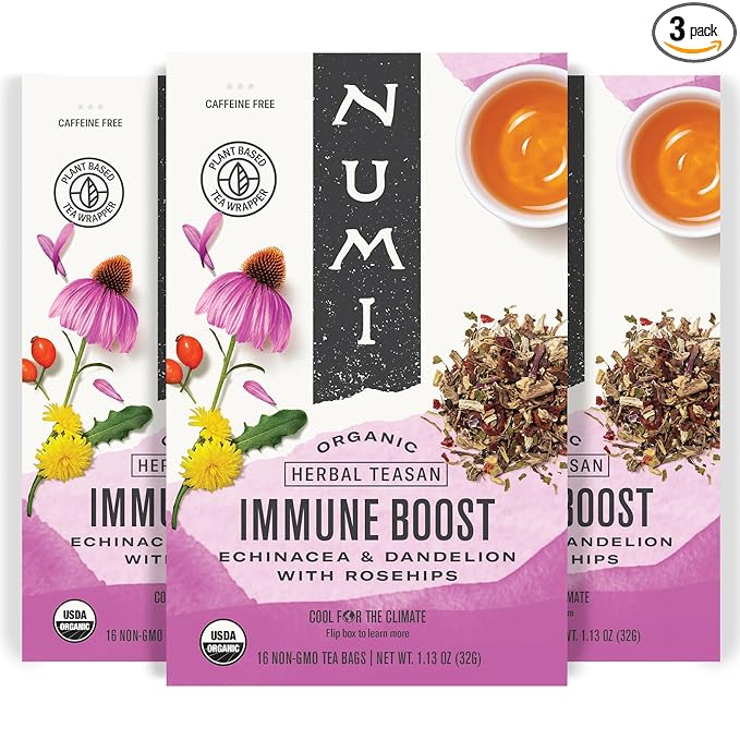 Numi Organic Immune Boost Herbal Tea – 48 Herbal Tea Bags – Caffeine Free Wellness Blend with Elderberry Elderflower Ginger & Lemongrass for Immune Support & Soothing Flavor