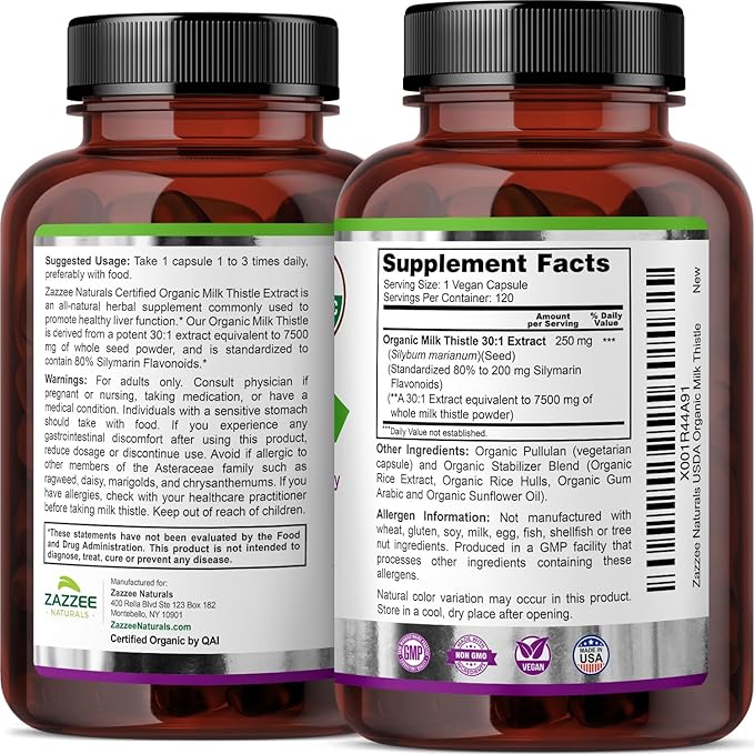 Zazzee USDA Organic Milk Thistle 30:1 Extract, 80% Silymarin, 120 Vegan Capsules, 4 Month Supply, Certified Kosher, High Potency Liver & Antioxidant Support, Silybum Marianum, Non-GMO, Made in the USA