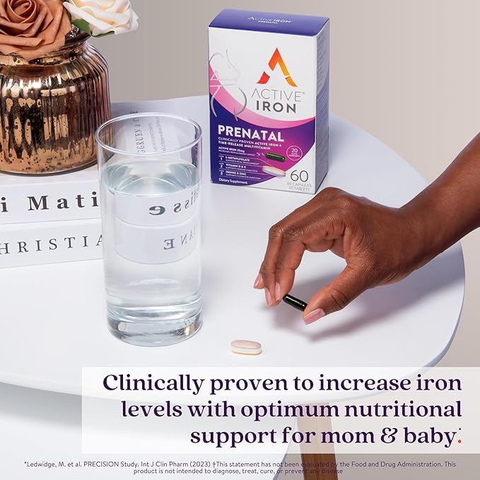 Active Iron Supplement 25mg + Prenatal Multivitamin, Clinically Proven to Increase Iron & Reduce Tiredness, Maximum Absorption, Gentle, Non-Constipating, 30 Capsules + 30 Time Release Tablets
