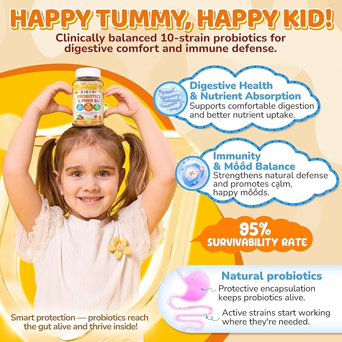 Kids Probiotic + Prebiotic Fiber Gummies 5G, 12 Billion CFU Probiotic & Veggie Fruit Fiber, w/ Organic Inulin, Methyl B12 B6 D3 C, Lutein for Children's Digestive & Gut, Immune Health, Sugar Free,60Ct