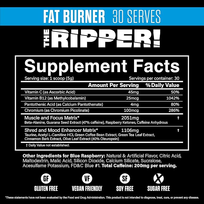 JNX SPORTS The Ripper! Fat Burner Pre Workout Powder for Men & Women Thermogenic Fat Burning & Appetite Suppressant, Boost Energy & Endurance Blue Raspberry, 30 Servings