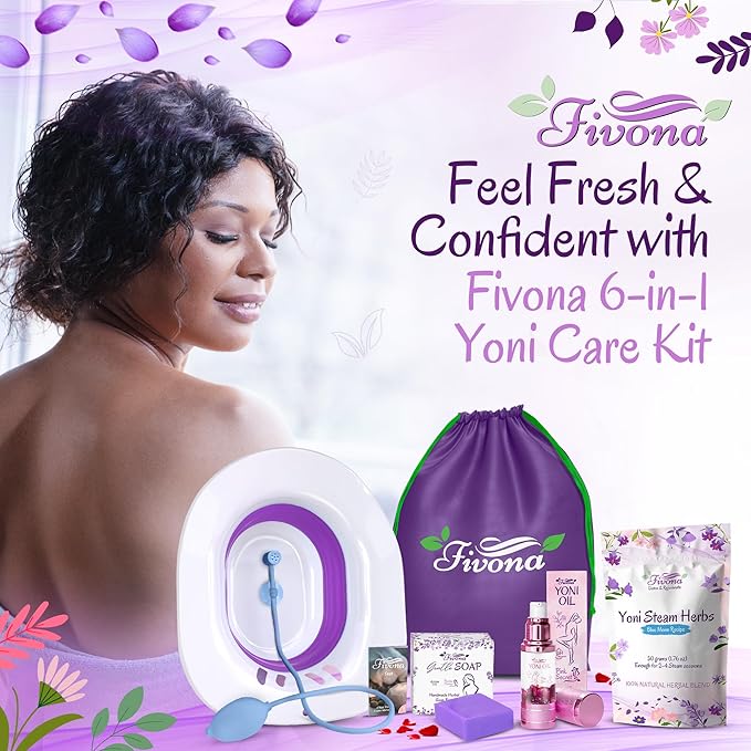 FIVONA Yoni Care Kit 6 in 1 - pH Balanced Natural Yoni Oil, Herbal Soap Bar for Feminine Wash, Detox V Steam Herbs Blue Moon, Foldable Sitz Bath Steam Pot, Hand Flusher and Drawstring Storage Bag