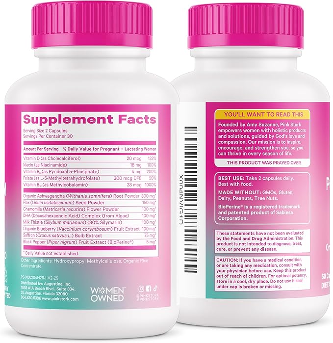 Pink Stork Postpartum Mood Support - Postnatal Hormone Balance for Women - Breastfeeding Friendly New Mom Essentials - Ashwagandha, Chamomile, & Vitamin D - Stress & Mood, 60 Capsules